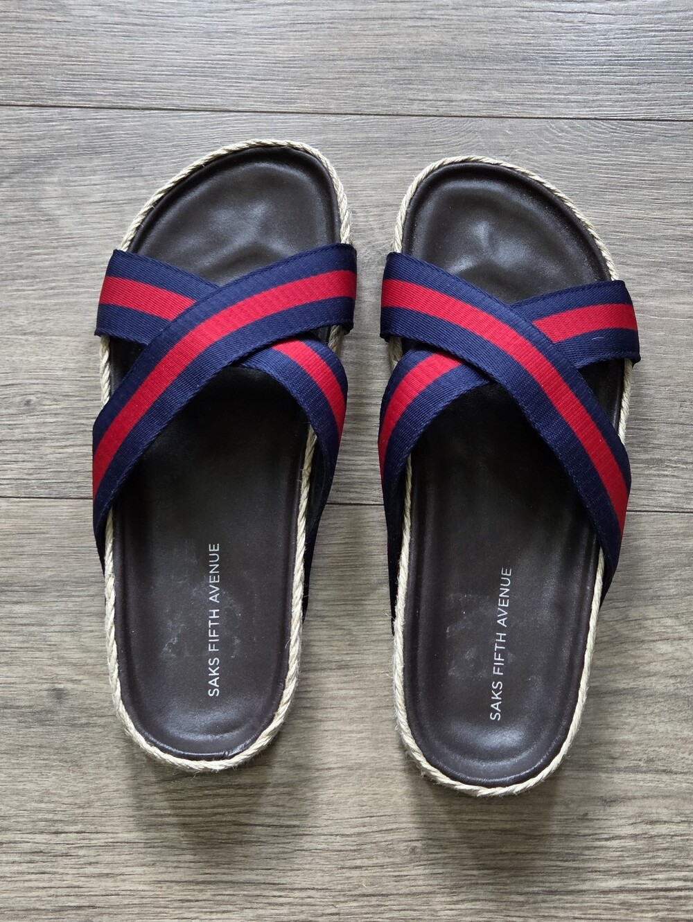 SAKS FIFTH AVENUE Navy & Red Crisscross Espadrille Slides - Picture 3 of 7